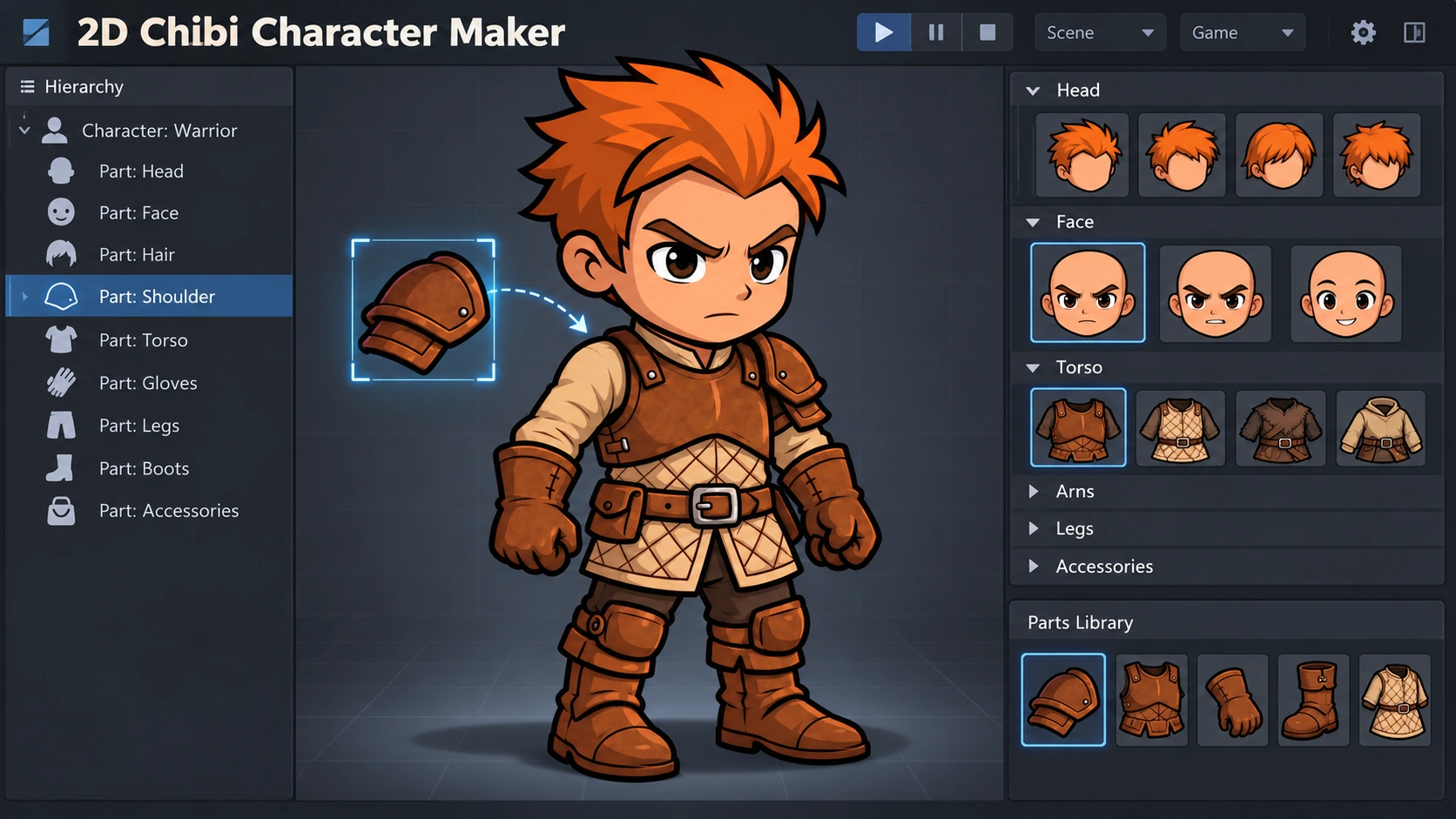 Concept artwork of a chibi warrior in a character editor, surrounded by interchangeable parts.
