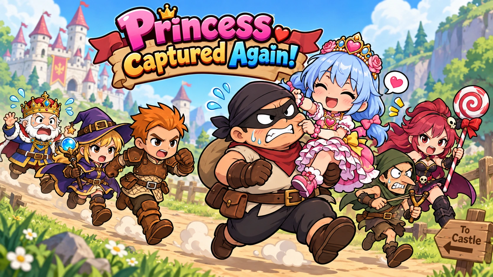 Colorful fantasy key art featuring a princess, bandits, and chibi adventurers.